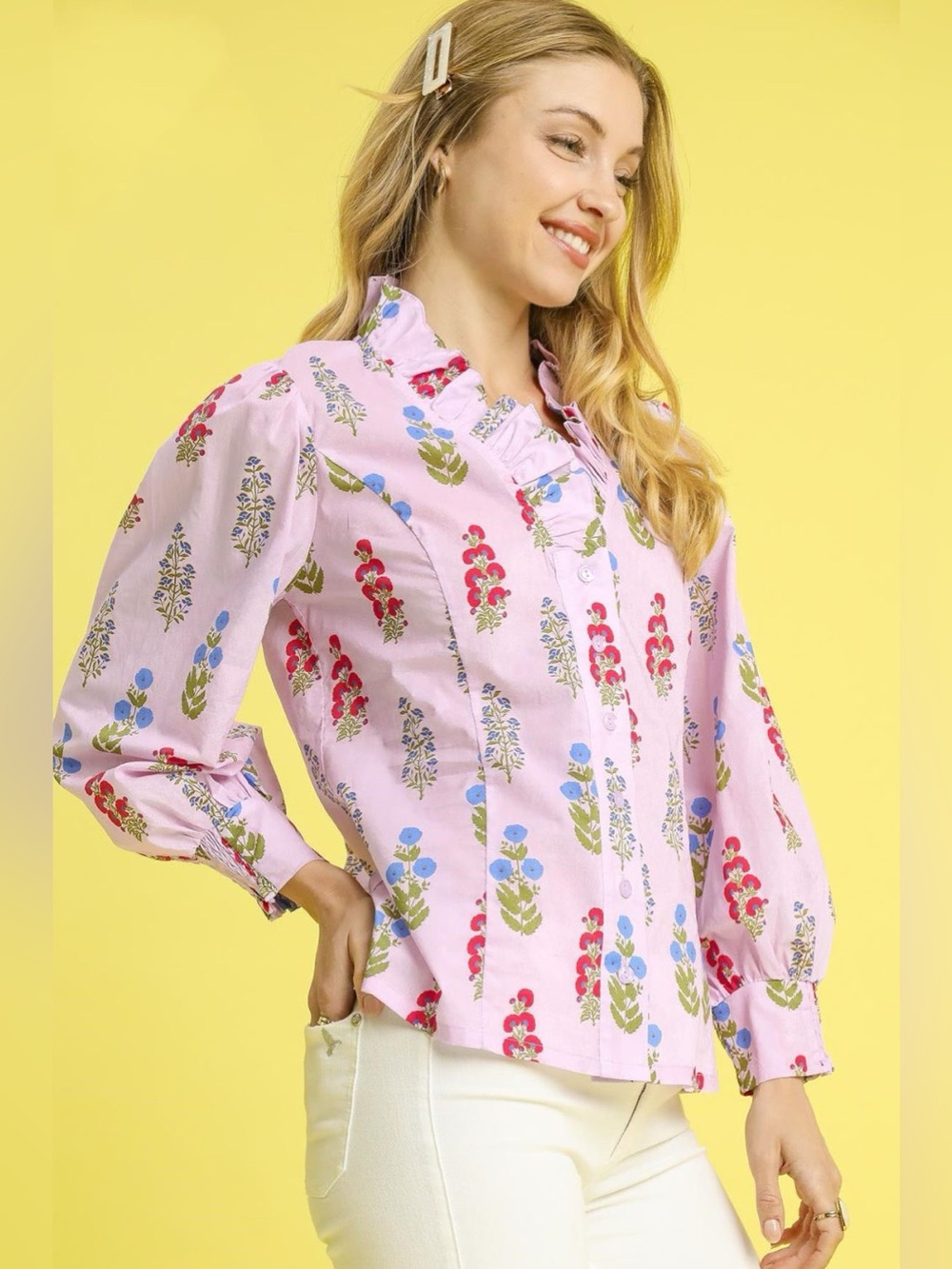 Umgee Floral Print Lantern Sleeve Button Down Shirt - Picture 4 of 4